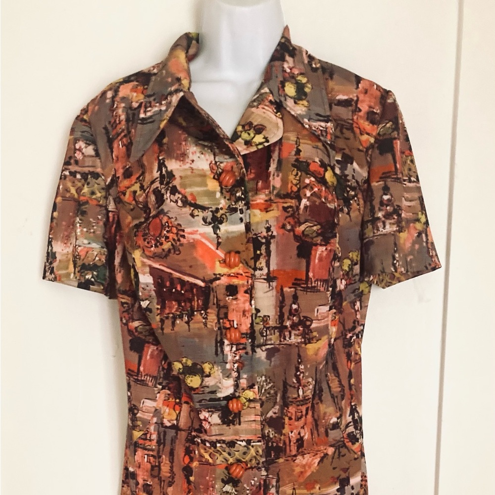 Vintage 60-70’s Orange Multicolor Lined Abstract Print Dress See Measurements